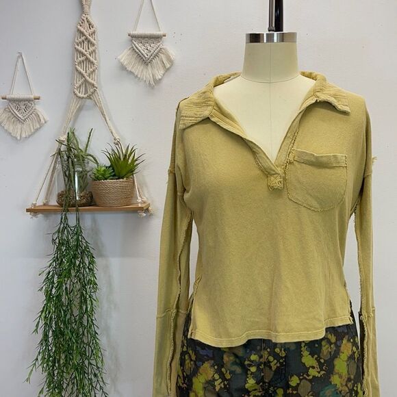 Free People L/S Mustard Top Collared V-Neck Cuffs - Picture 3 of 16